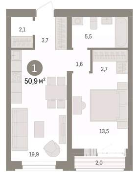 1-к квартира, вторичка, 51м2, 8/10 этаж
