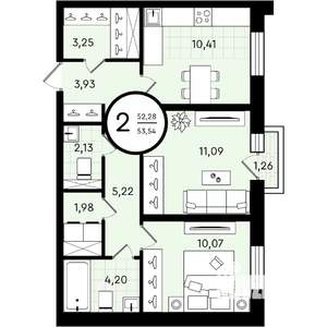 2-к квартира, вторичка, 54м2, 1/4 этаж