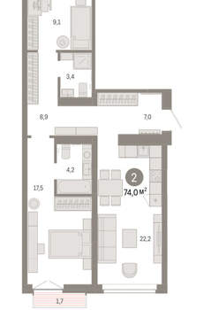 2-к квартира, вторичка, 74м2, 4/16 этаж