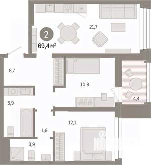 2-к квартира, вторичка, 69м2, 6/8 этаж