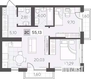 2-к квартира, вторичка, 55м2, 7/17 этаж
