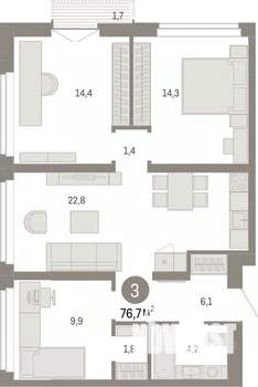 3-к квартира, вторичка, 77м2, 3/16 этаж