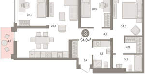 3-к квартира, вторичка, 94м2, 6/8 этаж