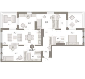 4-к квартира, вторичка, 134м2, 15/17 этаж