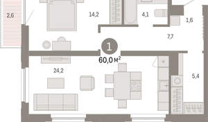 1-к квартира, вторичка, 60м2, 12/16 этаж