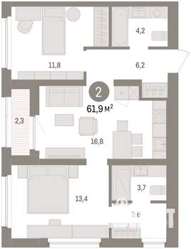 2-к квартира, вторичка, 62м2, 7/8 этаж