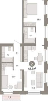2-к квартира, вторичка, 68м2, 5/16 этаж
