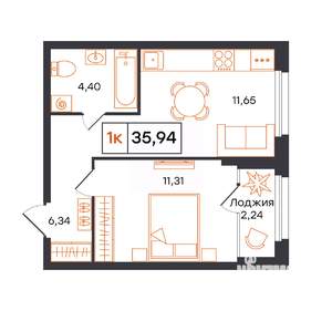 1-к квартира, строящийся дом, 36м2, 23/24 этаж