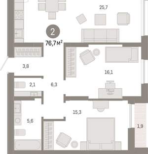2-к квартира, вторичка, 77м2, 16/17 этаж