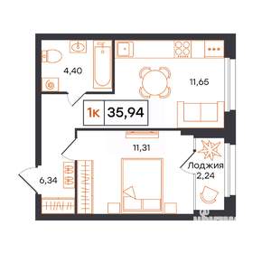 1-к квартира, строящийся дом, 36м2, 12/24 этаж