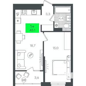 1-к квартира, строящийся дом, 45м2, 20/21 этаж