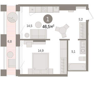 1-к квартира, вторичка, 47м2, 17/17 этаж