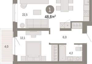 1-к квартира, вторичка, 49м2, 6/11 этаж