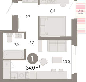 1-к квартира, вторичка, 34м2, 8/25 этаж
