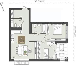 2-к квартира, вторичка, 71м2, 9/15 этаж