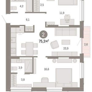 2-к квартира, вторичка, 75м2, 15/17 этаж