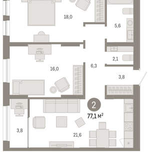 2-к квартира, вторичка, 77м2, 12/17 этаж