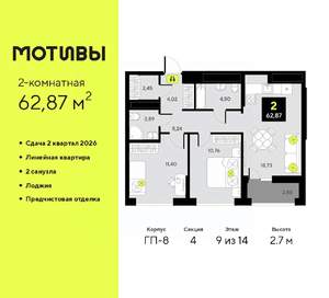 2-к квартира, вторичка, 63м2, 9/14 этаж