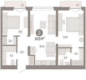 2-к квартира, вторичка, 68м2, 7/16 этаж