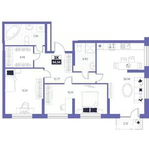 2-к квартира, строящийся дом, 84м2, 8/24 этаж