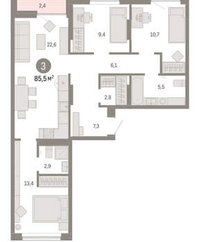 3-к квартира, вторичка, 85м2, 8/17 этаж