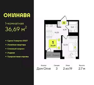 1-к квартира, вторичка, 37м2, 2/19 этаж