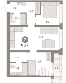 2-к квартира, вторичка, 64м2, 9/9 этаж
