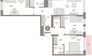 3-к квартира, вторичка, 84м2, 3/17 этаж