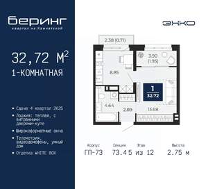 1-к квартира, вторичка, 33м2, 5/12 этаж