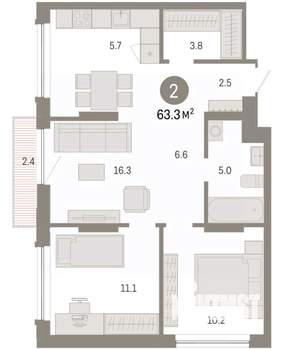 2-к квартира, вторичка, 63м2, 6/7 этаж
