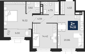 2-к квартира, вторичка, 74м2, 9/24 этаж
