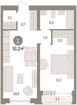 1-к квартира, вторичка, 51м2, 2/10 этаж