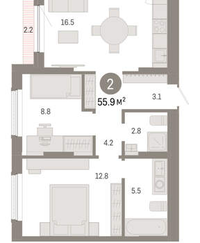 2-к квартира, вторичка, 56м2, 7/8 этаж