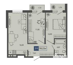 2-к квартира, строящийся дом, 58м2, 4/4 этаж