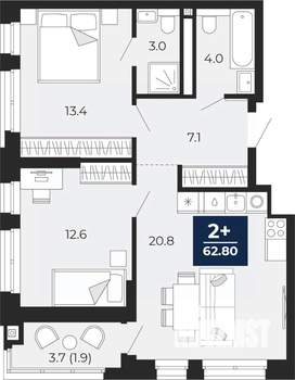 2-к квартира, вторичка, 63м2, 5/16 этаж