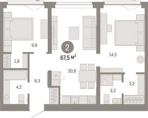 2-к квартира, вторичка, 68м2, 3/16 этаж