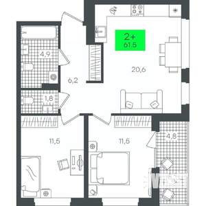 2-к квартира, строящийся дом, 62м2, 5/9 этаж