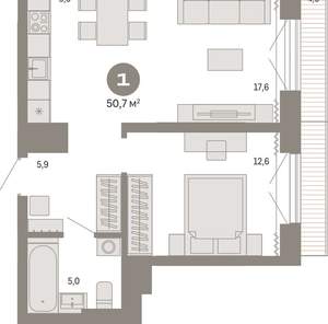 1-к квартира, вторичка, 51м2, 6/9 этаж