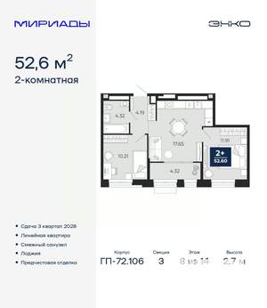 2-к квартира, вторичка, 53м2, 8/14 этаж