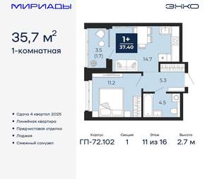 1-к квартира, вторичка, 36м2, 11/16 этаж