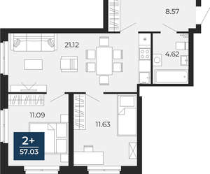 2-к квартира, сданный дом, 57м2, 15/24 этаж