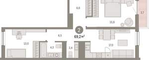 2-к квартира, вторичка, 69м2, 5/9 этаж