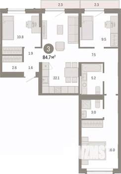 3-к квартира, вторичка, 85м2, 3/7 этаж