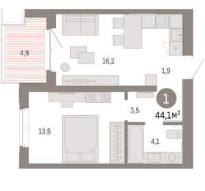 1-к квартира, вторичка, 44м2, 3/11 этаж