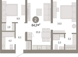 2-к квартира, вторичка, 64м2, 2/16 этаж