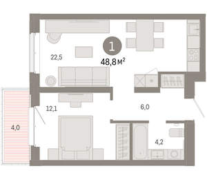 1-к квартира, вторичка, 49м2, 4/11 этаж
