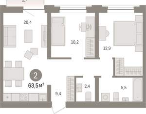 2-к квартира, вторичка, 63м2, 4/10 этаж