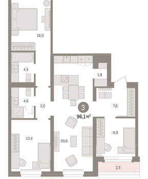 3-к квартира, вторичка, 96м2, 3/16 этаж