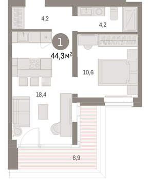 1-к квартира, вторичка, 44м2, 5/16 этаж
