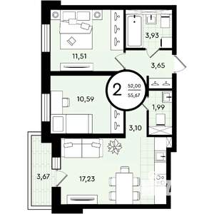 2-к квартира, вторичка, 56м2, 3/4 этаж